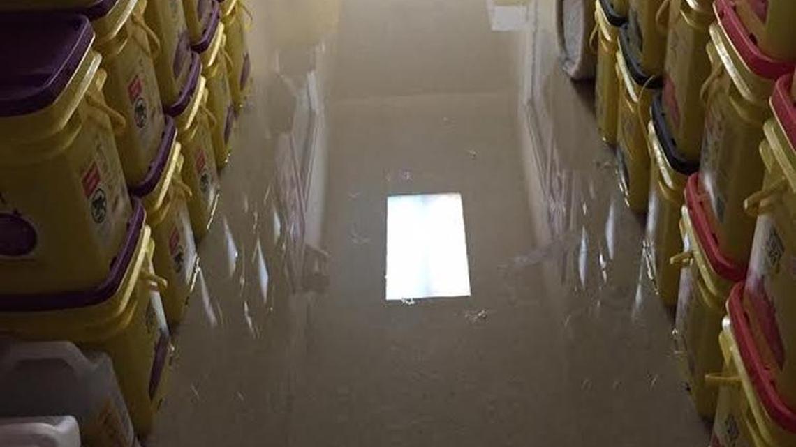 Kitty litter sits in a flood after the water ran for hours at a Florida Humane Society shelter in Broward.