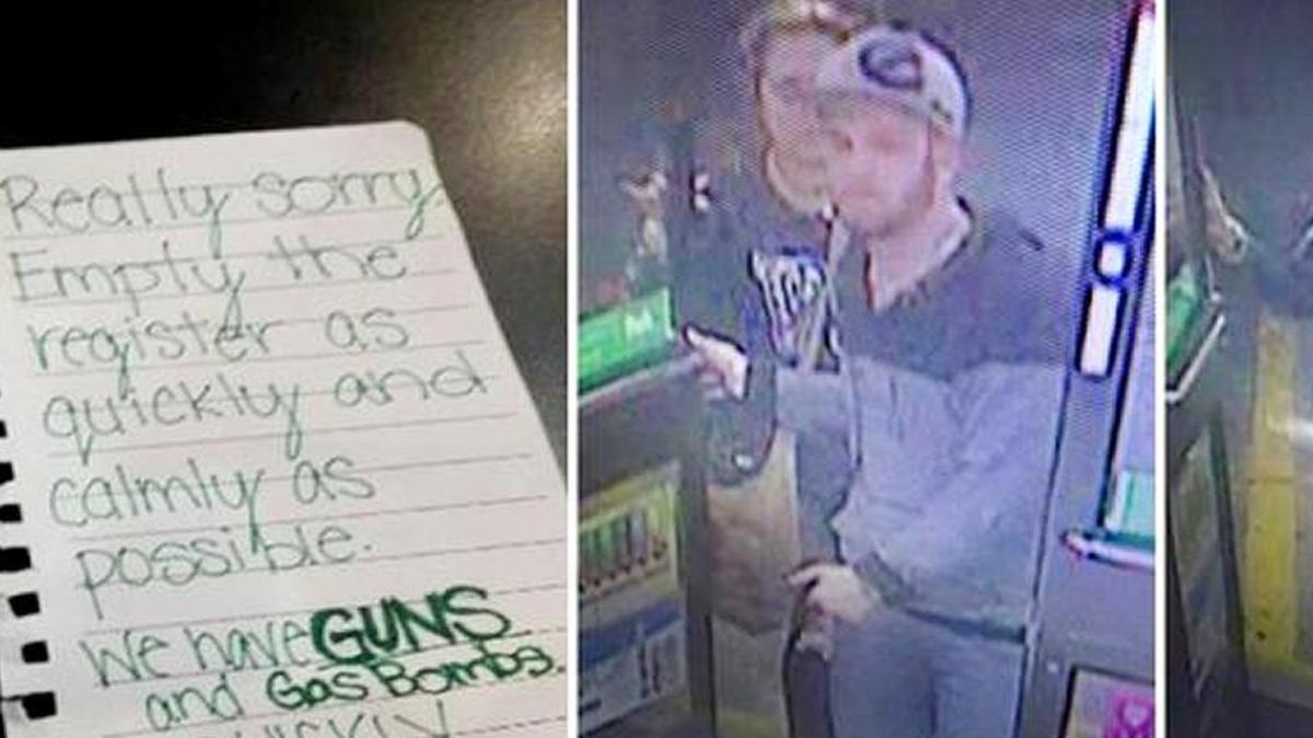This composite image release Wed., Jan. 13, 2016, by the Broward County Sheriff's Office shows a young couple wanted in connection with a crime spree in Broward County. At top left is the note the couple gave to employees at a Denny’s restaurant in Hallandale Beach. Detectives say the young couple's three-day crime spree began when they entered an Oakland Park Denny's and threatened to set an employee on fire with a squirt-top bottle filled with gasoline and a lighter if the employee didn't give them money.