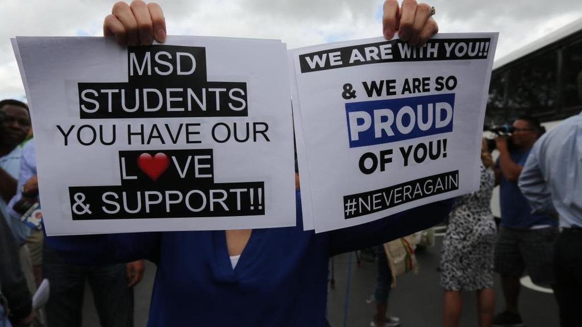 Supporters of Stoneman Douglas High students before they left on buses to Tallahassee to demand more political action on gun violence.