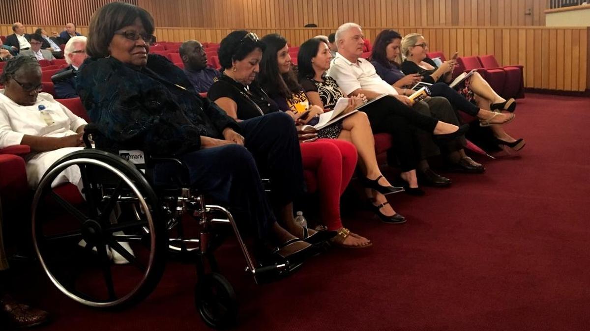Former congresswoman Carrie Meek watches on Thursday as Miami-Dade commissioners prepare to approve a new agreement for her foundation’s long-delayed commercial project at the Opa-locka airport.