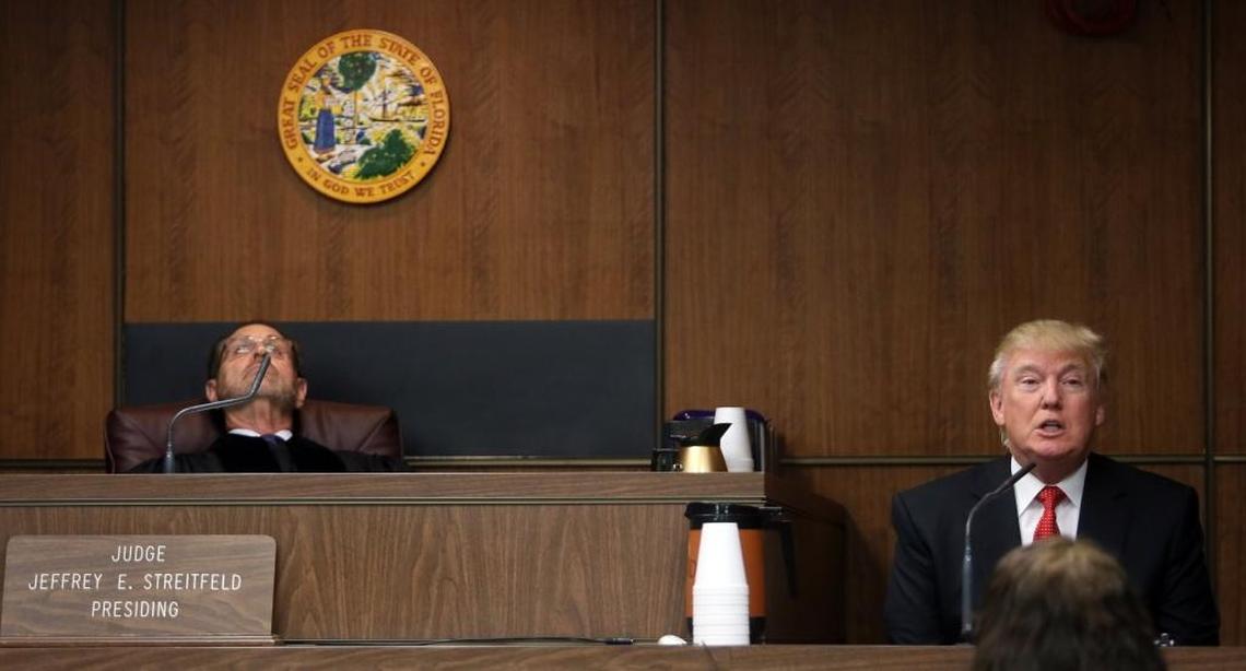 Donald Trump testifies during a civil case at the Broward County Courthouse in Fort Lauderdale in 2014. Buyers sued to recover their 20 percent deposits, contending that they thought Trump was the developer.