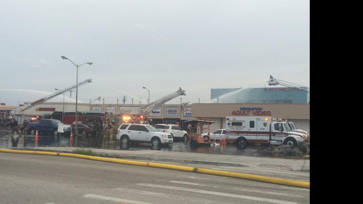 
A fire partially destroyed a shopping center on State Road 7 at Hollywood Boulevard.
