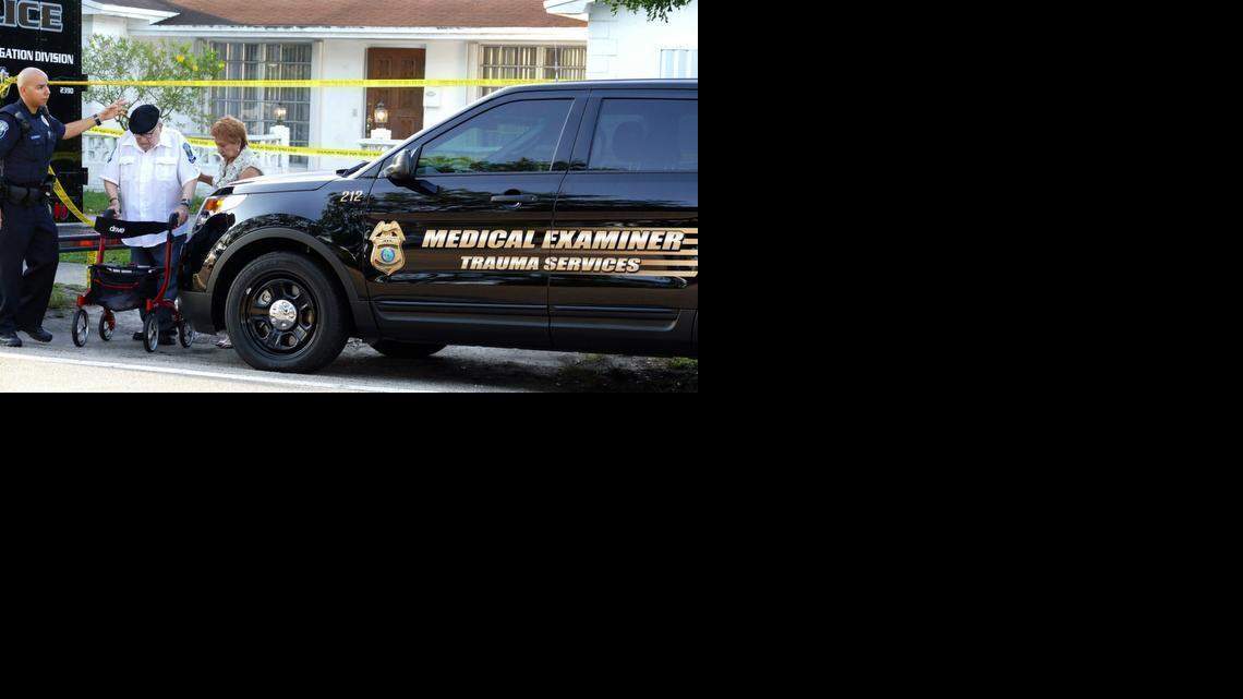 
Rabbi Malavsky, a Hollywood police chaplain, is escorted from the home, 5420 Johnson Street, where Ahizya Osceola 3, was found dead. Ahizya was the subject of a missing persons search.
