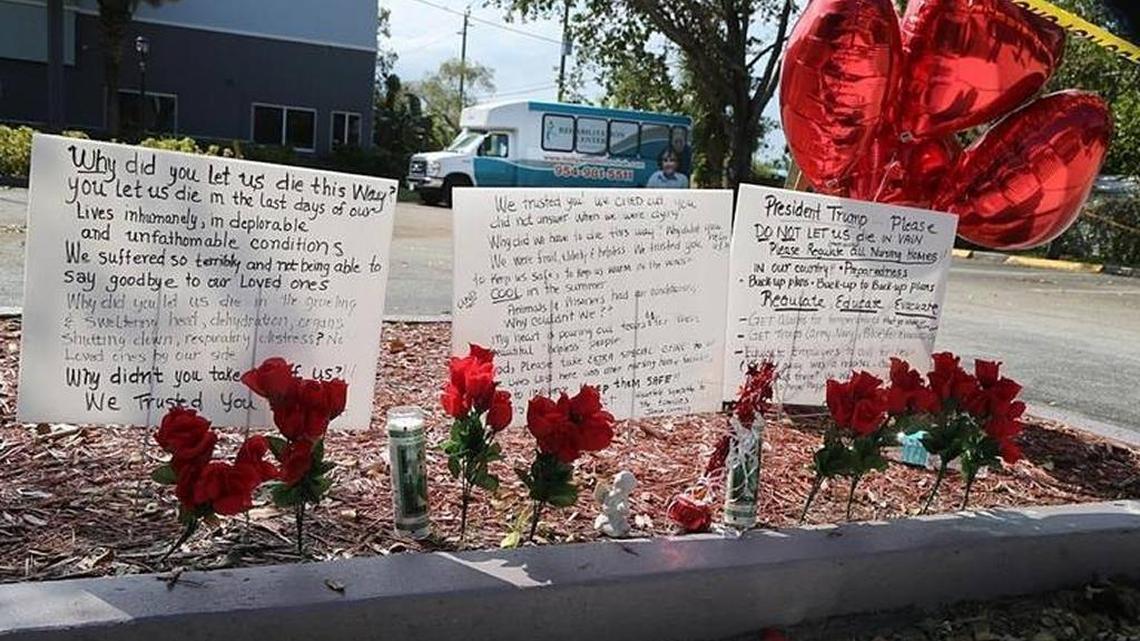 After the initial eight deaths of residents on Sept. 13, a memorial appeared on the sidewalk outside the Rehabilitation Center at Hollywood Hills.