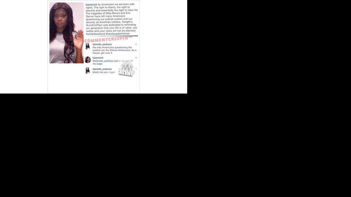 
A screenshot purporting to show the instagram exchange between Barry University student Daniella Pedrozo and media blogger Karen Civil.
