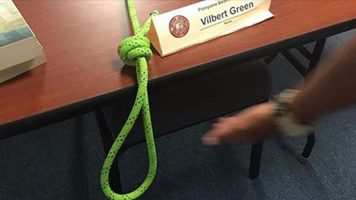 One firefighter recruit has been fired and three others resigned because of a noose found hanging over a black firefighter’s seat, Pompano Beach fire officials say.
