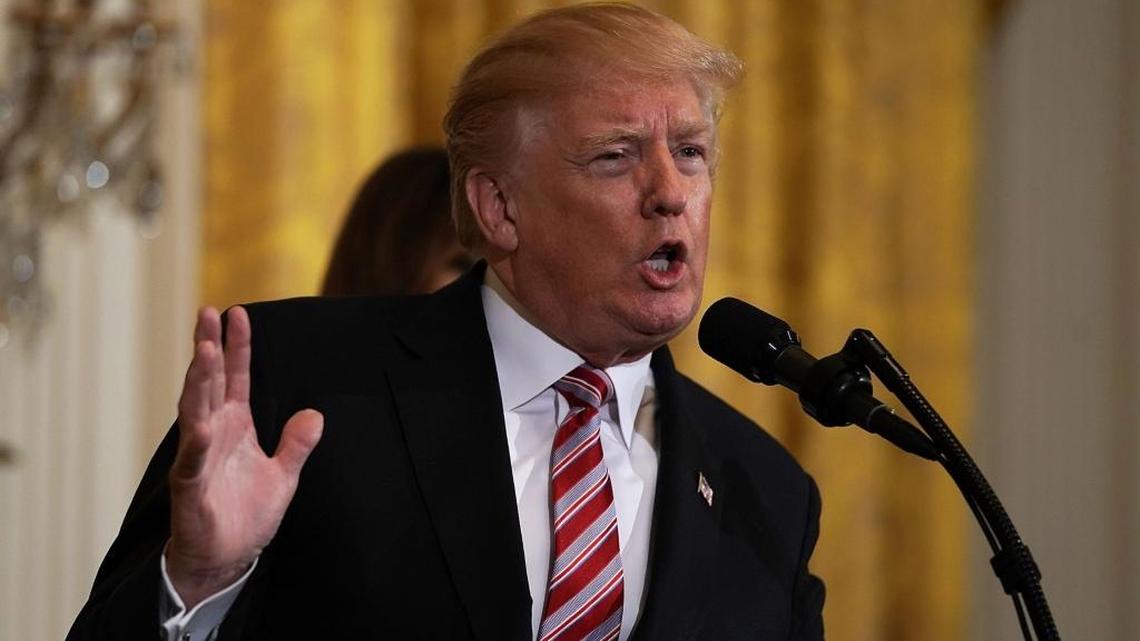 President Donald Trump speaks during a reception in the East Room of the White House February 13, 2018 in Washington, DC.