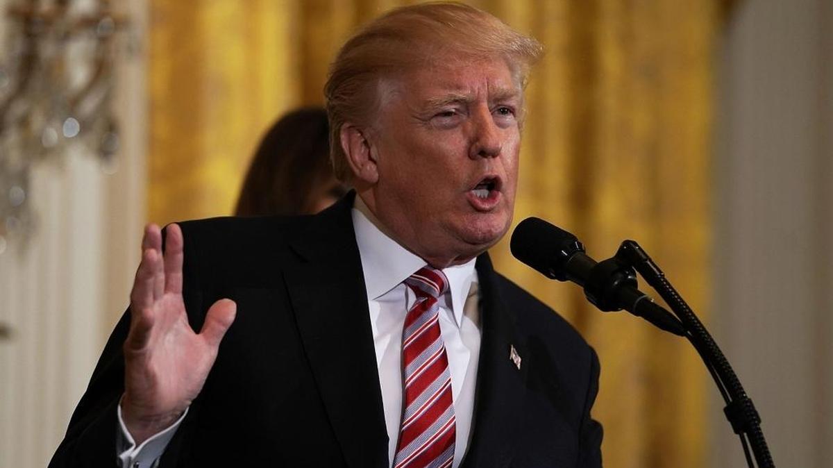 President Donald Trump speaks during a reception in the East Room of the White House February 13, 2018 in Washington, DC.