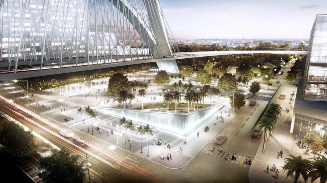 A rendering of a concept for a plaza and park at the front door to the Arsht Center’s opera and ballet house that could result from the upcoming reconstruction of Interstate 395.