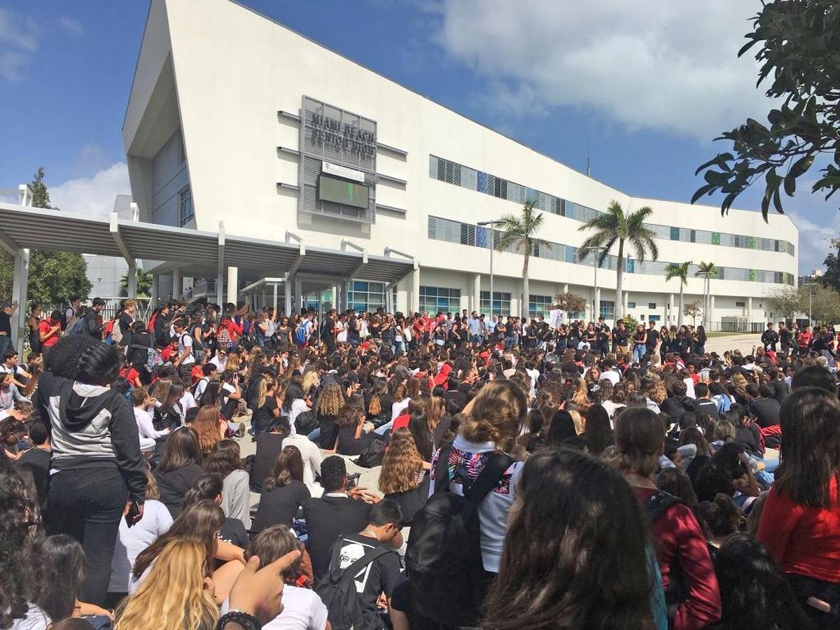 Students at Miami Beach Senior High staged a walkout Wednesday in support of protests by teens at Marjory Stoneman Douglas High School.