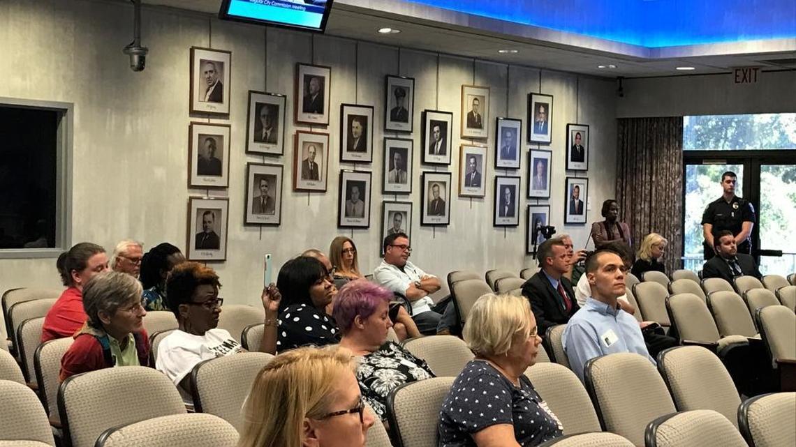 Hollywood residents listen after commissioners took up the issue of whether to change the three streets named after Confederate generals, July 3, 2017.