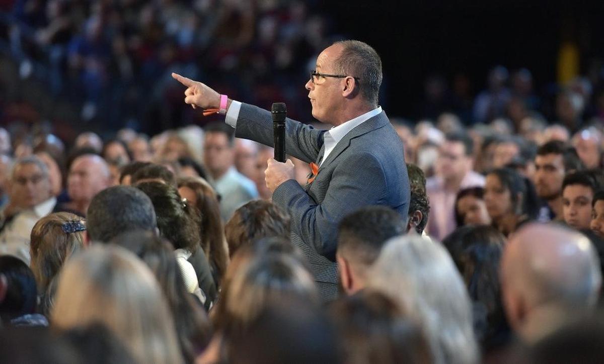 Fred Guttenberg asks Marco Rubio a question during a CNN town hall meeting, Wednesday, Feb. 21, 2018, at the BB&T Center, in Sunrise, Florida. Guttenberg lost his daughter Jamie in the Douglas High School shooting.