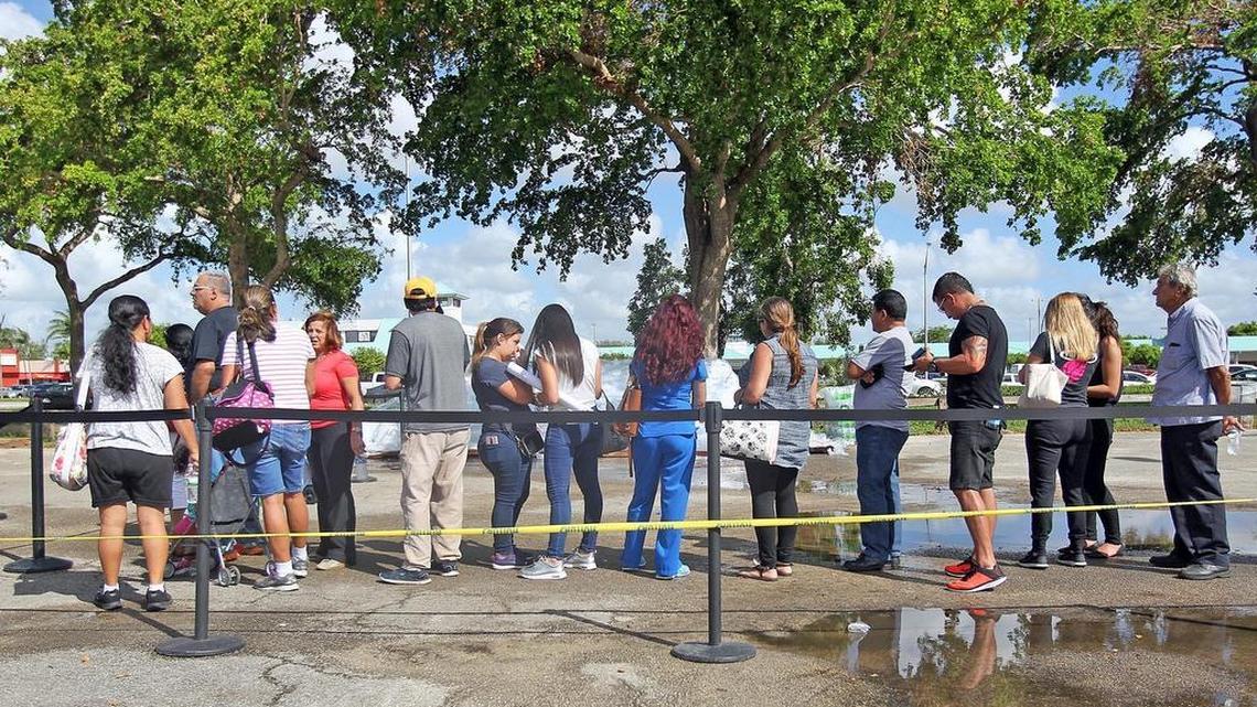 People line up to apply for assistance at Tropical Park where the Department of Children & Families-(DCF) in Partnership with the U.S Department of Agriculture- (USDA) implements the Food for Florida Disaster Assistance Program on Wednesday, October 11, 2017