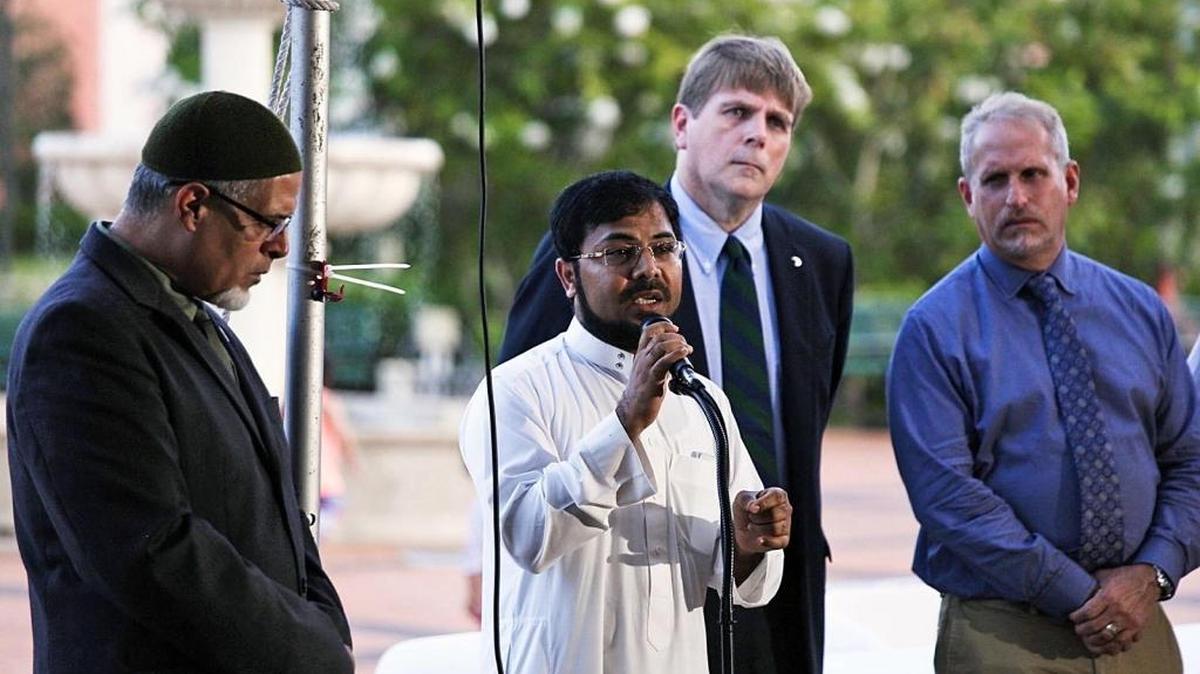 Left to right, Wilfredo A. Ruiz, Iman Hafiz Furquan, pastor Randal Cutter and Rabbi Bradd Boxman come together for a vigil to honor the 17-year-old Muslim girl beaten to death in Virginia. The service was held at the Islamic Foundation of South Florida in Sunrise on Wednesday, June 21, 2017.