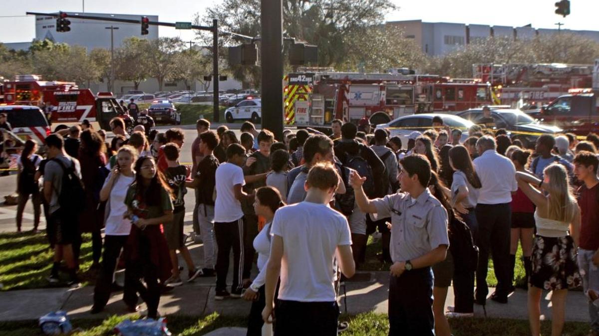 Students are released from lockdown outside of Marjory Stoneman Douglas High School in Parkland.