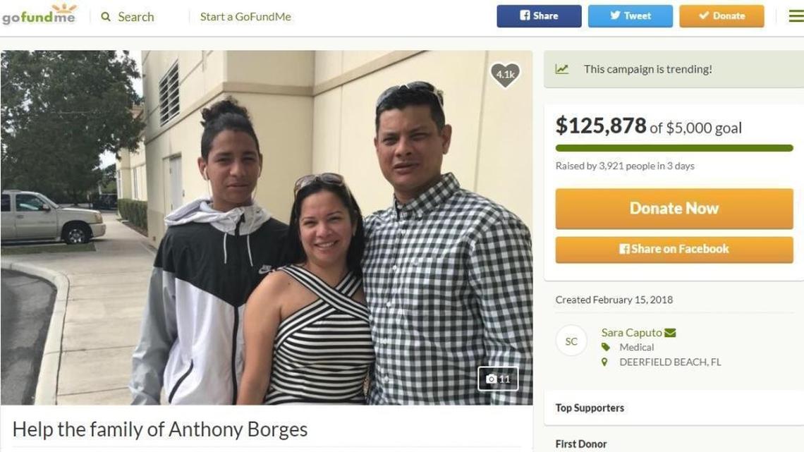 Screenshot of the GoFundMe page for Anthony Borges, who was shot five times during the Marjory Stoneman Douglas High School shooting and is now recovering.