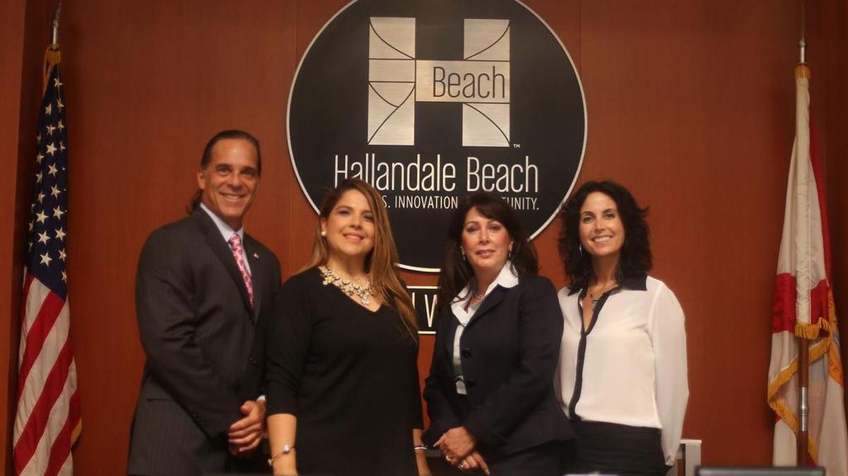 The Hallandale Beach City Commission before the city’s mayor, Joy Cooper, was arrested on Jan. 25, 2018. From left: Keith London, who is now acting mayor, Commissioner Anabelle Lima-Taub, Cooper and Commissioner Michele Lazarow.