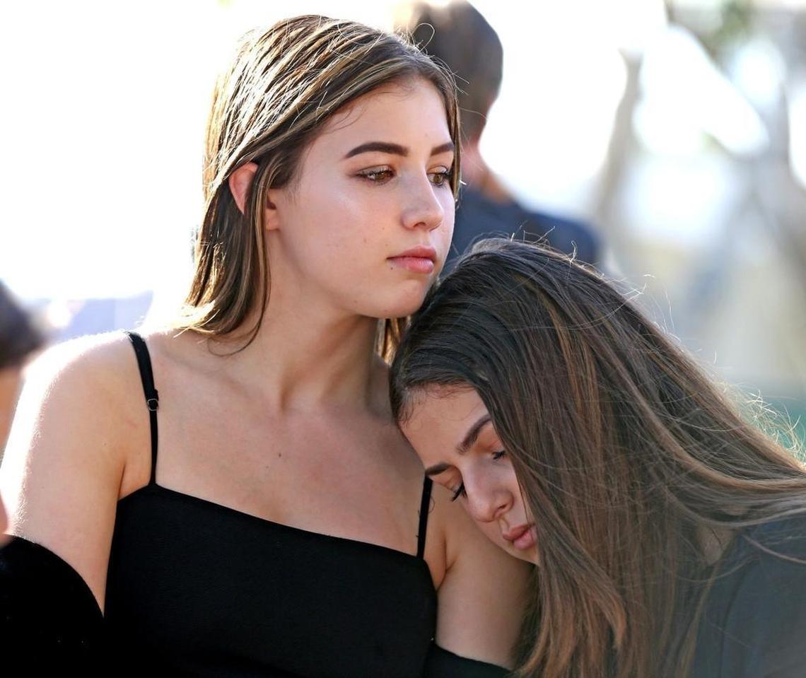 Isabella Vanderlaat and Gabriella Benzeken, both 15, were among the many students who attended Sunday’s funeral at Temple Beth El in Boca Raton for Scott Beigel, the 35-year-old geography teacher killed in the Marjory Stoneman Douglas High School shootings.