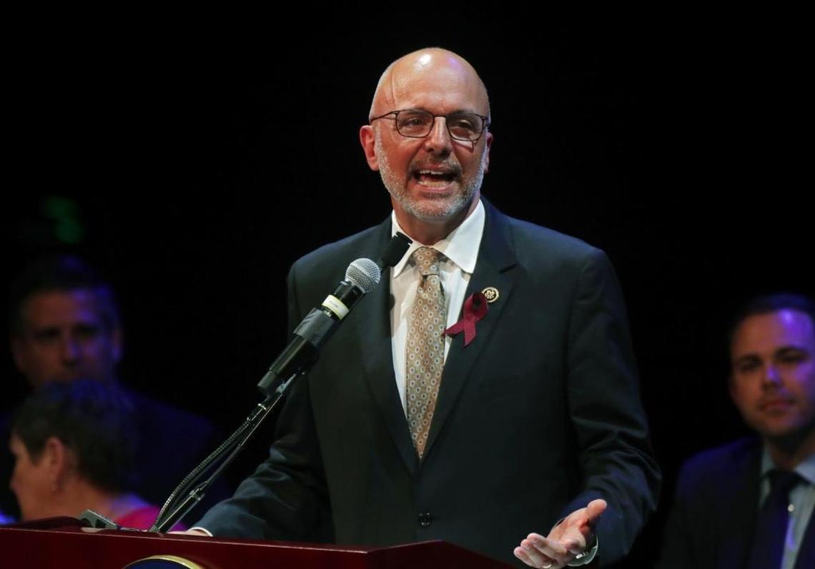 U.S. Rep. Ted Deutch speaks to the crowd during a town hall on gun violence in Coral Springs in April 2018.