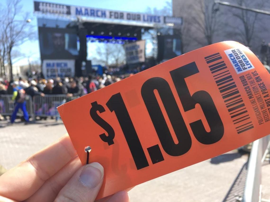 Many participants in Saturday’s March For Our Lives in Washington, D.C., wore these price tags, which represent the number of students in Florida schools divided by the amount of money Rubio in support from the National Rifle Association.
