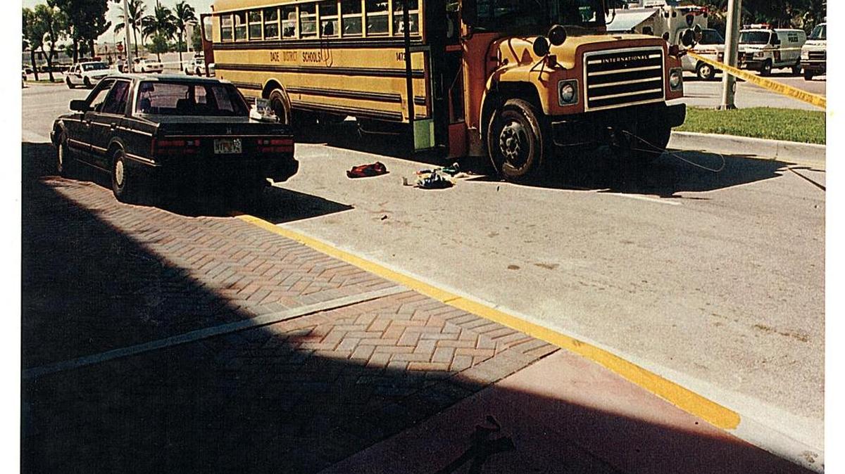 Medical Examiner photo of the Dade district school bus that was hijacked on the November 2, 1995 by Nick Sang.