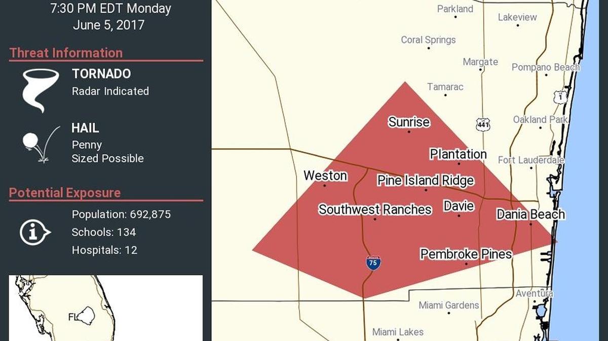 A Tornado Warning was issued for part of Broward County until 7:30 p.m. Monday, June, 5, 2017.