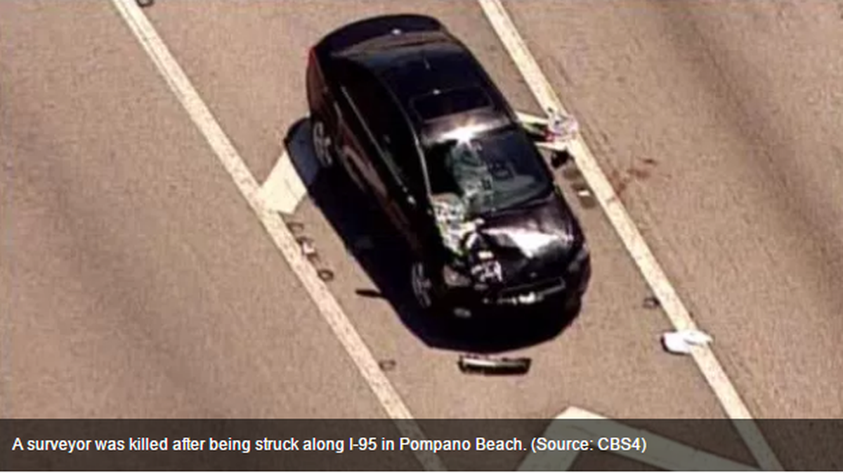 The car that struck a road worker along Interstate 95, fatally injuring him, sustained significant damage.