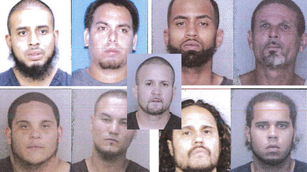 Nine men face more than 50 charges related to drug trafficking in Hollywood. Jose Morales, center, is considered the drug ring’s leader. From top left, Heninston Francis, Luiz Herreras, Jose Figueroa-Colon and Roberto Cabrera. From bottom left, Angel Vega-Santiago, Eugene Santiago, Manuel Santiago and Xavier Lopez. All were arrested Wednesday except Cabrera, who was still on the run.