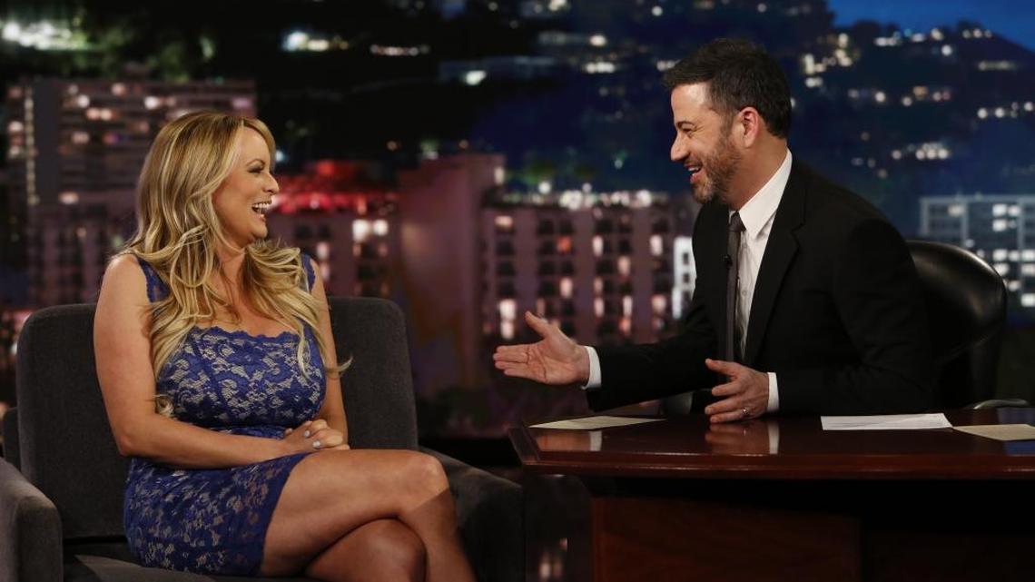 Adult film star Stormy Daniels, left, laughs with late night host Jimmy Kimmel during an appearance on ABC-TV’s "Jimmy Kimmel Live!" on Jan. 30.