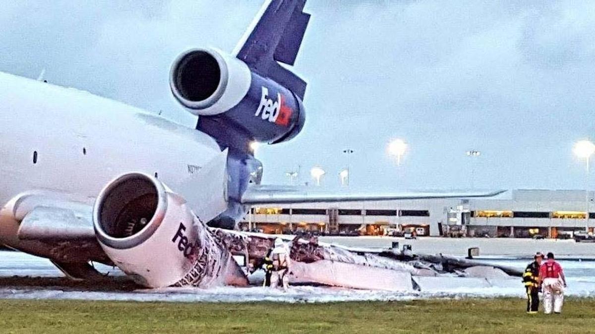 A FedEx plane landing at Fort Lauderdale — Hollywood International Airport caught fire when its landing gear collapsed Friday evening.