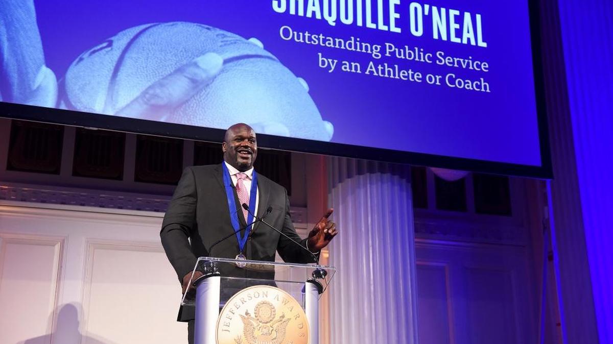 NBA Hall of Famer Shaquille O'Neal, here at the Jefferson Awards Foundation, on March 12, 2018, told WABC’s “Curtis and Cosby” radio program banning guns is not the answer to Parkland shootings on March 13, 2018.