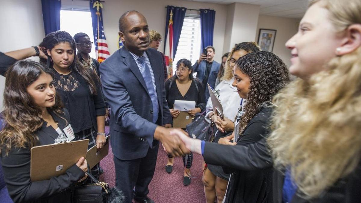 Rep. Bobby DuBose thanks the survivors from Marjory Stoneman Douglas High School and other students from Broward County high schools for coming to see him at the Florida Capital in Tallahassee, Fla., in February 2018.