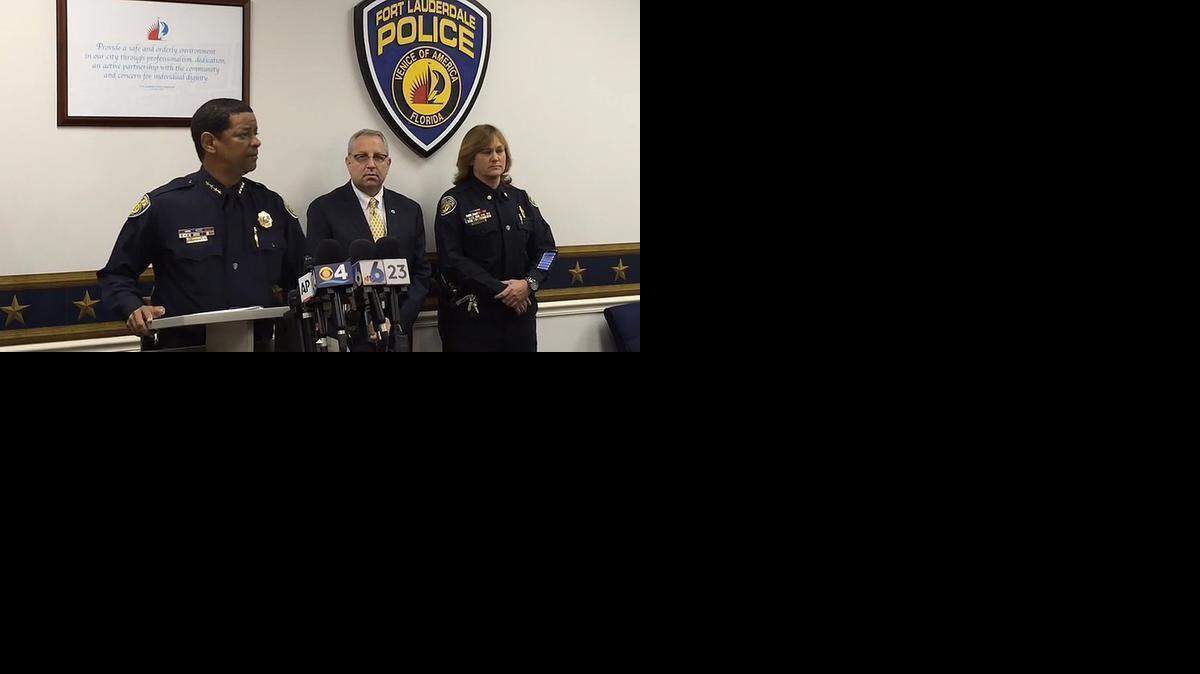 
Fort Lauderdale Police Chief Frank Adderley and City Manager Lee Feldman hold a news conference responding to video of homeless man being pushed and slapped by a police officer at the downtown bus station.
