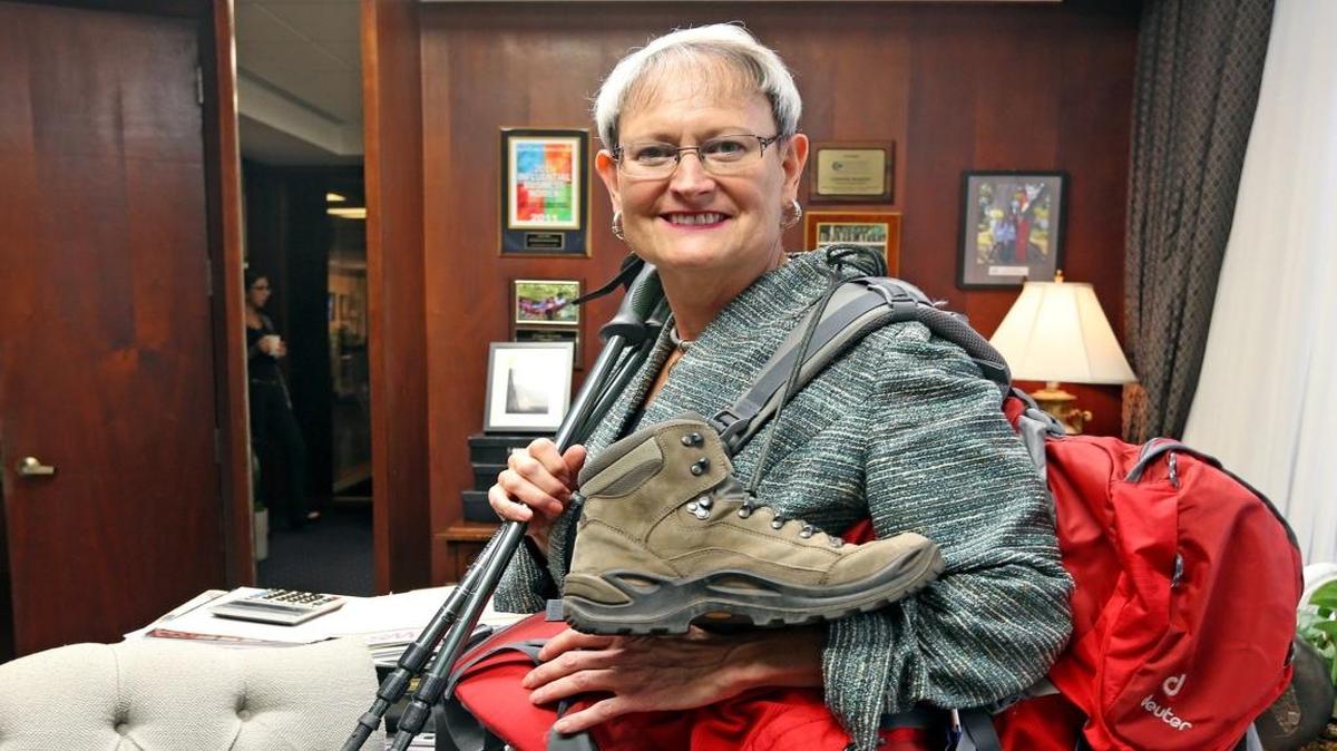 Ginger Martin, president and CEO of American National Bank in Oakland Park, shows off all her climbing gear. Martin climbed Mount Kilimanjaro in Tanzania in March -- 19,341 feet -- to raise awareness and funds for girls enslaved by sex traffickers. Her group raised more than $800,000 for their cause. Said the 57-year-old Martin: "It was the hardest thing I've ever done in my life yet I'm so glad I didn't miss it.''