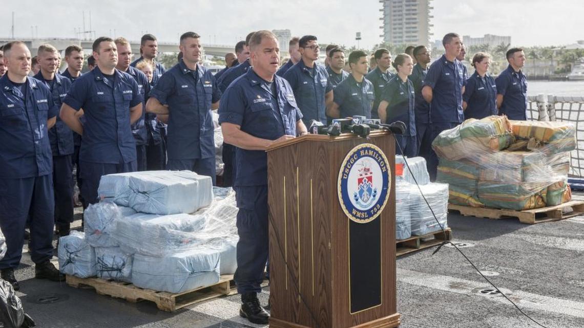Capt. Scott Clendenin, the Coast Guard Cutter Hamilton commanding officer, speaks at a drug offload press event in Port Everglades, Fla., May 18, 2017. Joint operations led to the interdiction of over 18.5 tons of contraband.