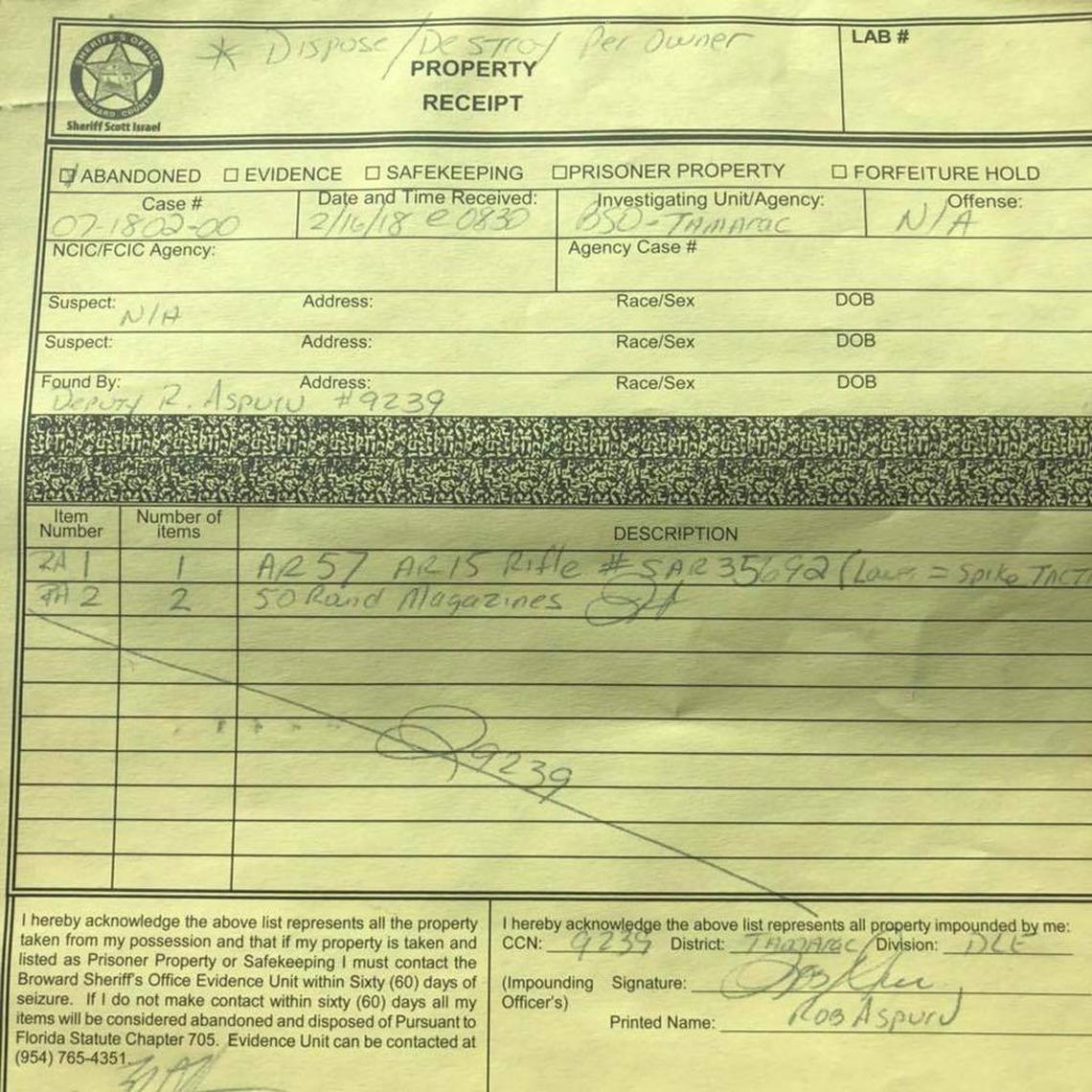 Ben Dickmann surrendered his rifle to the Broward Sheriff’s Office in the wake of the shooting at Marjory Stoneman Douglas High School.
