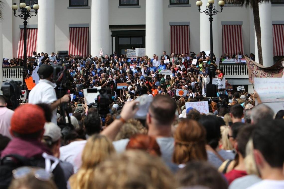 A large rally Wednesdy, Feb. 21, 2018, on the steps of the Florida Capitol building in support of Marjory Stoneman Douglas students and a demand for tighter gun control.