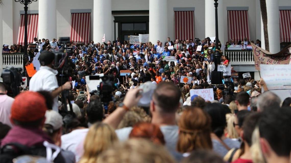 A large rally Wednesdy, Feb. 21, 2018, on the steps of the Florida Capitol building in support of Marjory Stoneman Douglas students and a demand for tighter gun control.