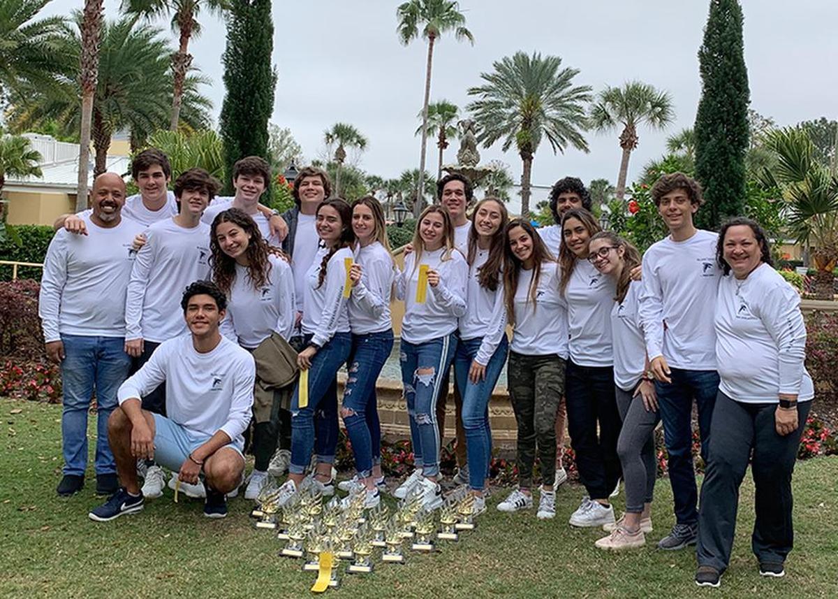 Palmer Trinity School’s Spanish-language team, the Halcones, recently earned perfect scores during the 2019 Florida State Spanish Conference in Orlando. Pictured above are Mateo Nasse, Raul González, Rafael Olloqui, Anastasia D´Agostini, Natalie Pulido, Valentina Libi, Ornella Libi, Natalia Rey, Pamela Ascobereta, Aitana Nasse, María Anzola-Schnell, Diego Negrón, Maria Rodríguez-Rittenhouse, Andrés Álvarez-Paul, Santiago Méndez, Rodrigo Santander, Álvaro Ortega-Morales, and Julio Carassou.
