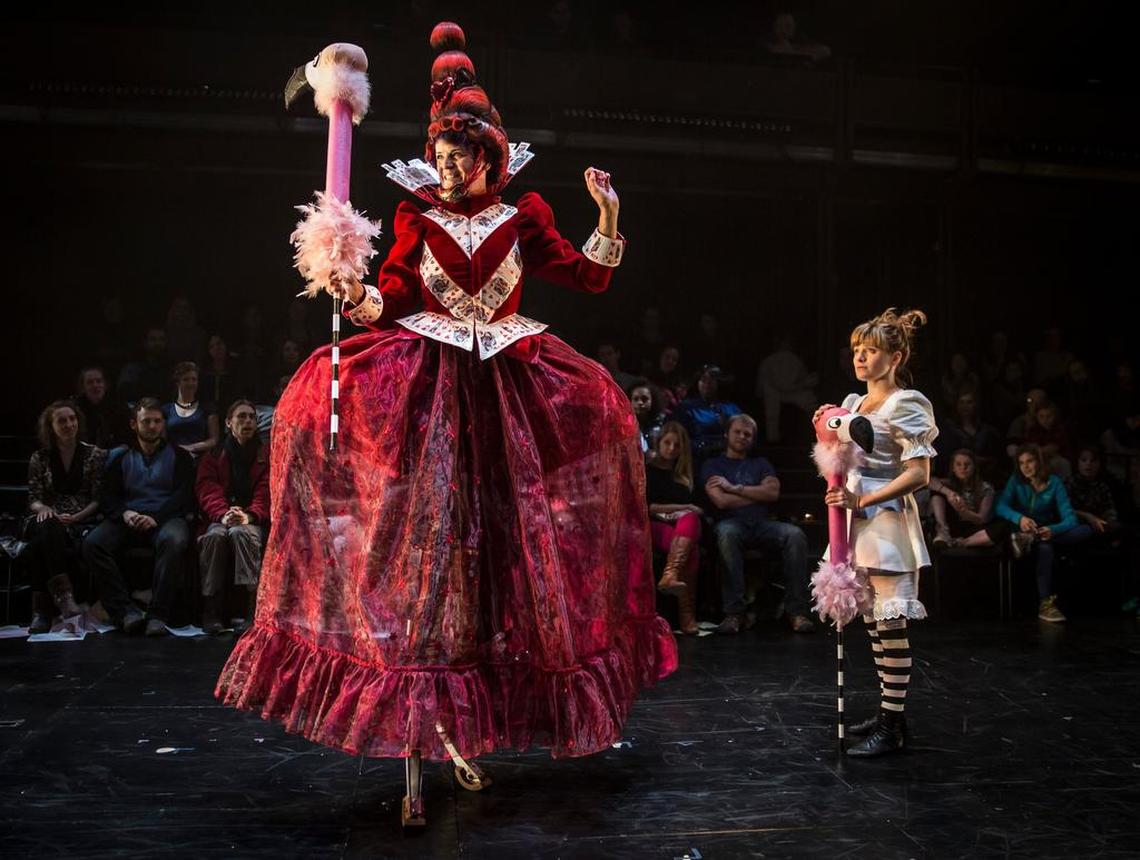 Molly Brennan as the Red Queen and Lindsey Noel Whiting as Alice will play flamingo croquet in ‘Lookingglass Alice’ at the Arsht Center.