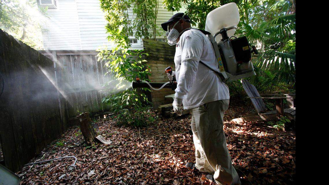 
A field inspector with the Florida Keys Mosquito Control District, tests a sprayer that could be used in the future to spray pesticides to control mosquitoes in Key West.
