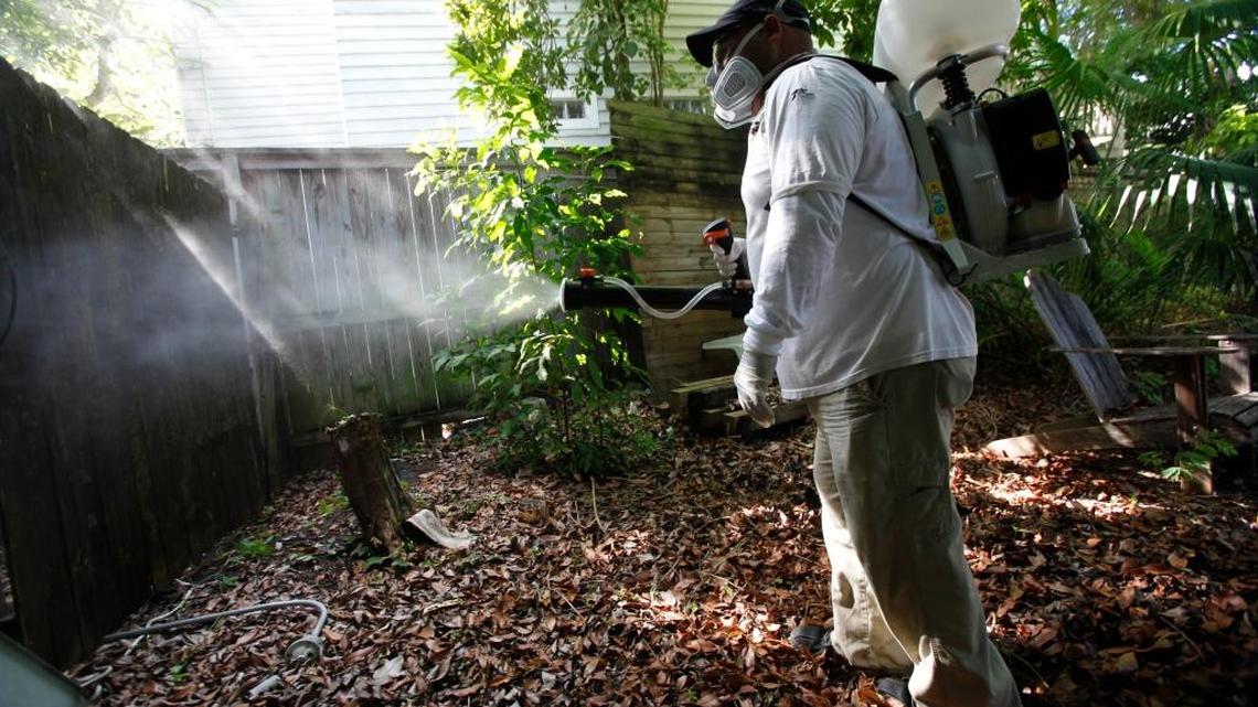 Jason Garcia, a field inspector with the Florida Keys Mosquito Control District, tests a sprayer that could be used in the future to spray pesticides to control mosquitoes in Key West. Millions of genetically modified mosquitoes could be released.