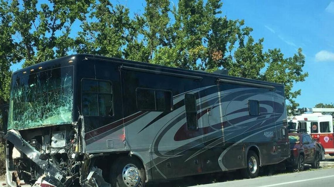 A motor home involved in the crash near Mile Marker 80 has damage to its front end and windshield. Three people died in the crash Monday.
