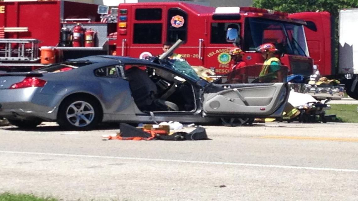 Islamorada Fire-Rescue firefighters and Florida Highway Patrol troopers respond to a fatal car crash at mile marker 87 in Islamorada Friday afternoon.