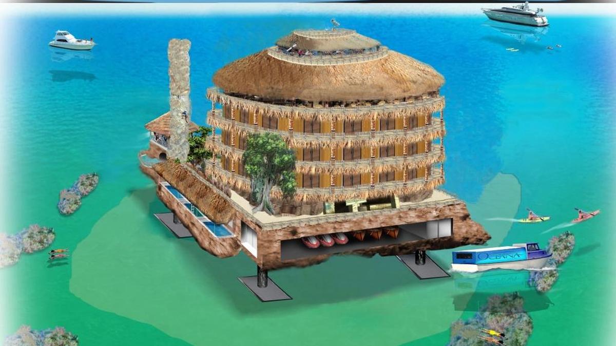 This is an artist’s rendering of the Oceana Water Resort, a proposed hotel and sportfishing base on an elevated but moveable structure about 16 miles northwest of Key West. Long delayed by financing and permit issues, project leader Doug Pope says Oceana could still become a reality.