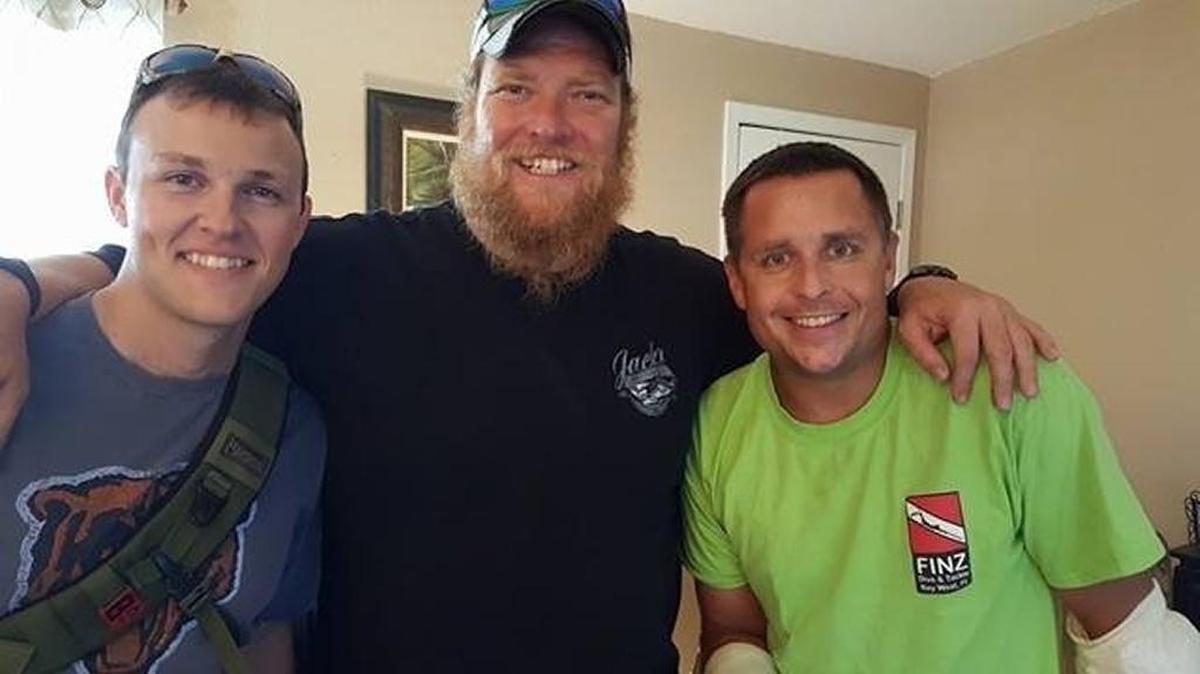 Jameson Parker, Chuck Meier and Phil Zielinski (from left) share a lighthearted moment. Meier saved Zielinski after Zielinski crashed his motorcycle.