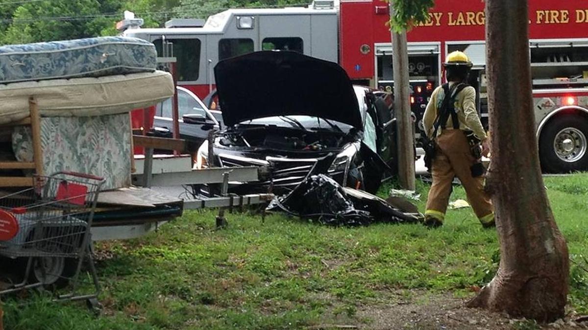 A 2016 Cadillac CT6 rests crashed into a utility poll in the median of U.S. 1 at mile marker 98 in Key Largo. The driver, Luis Bolivar, 80, of Miami, was pronounced dead at Mariners Hospital in Tavernier Friday evening, July 22.