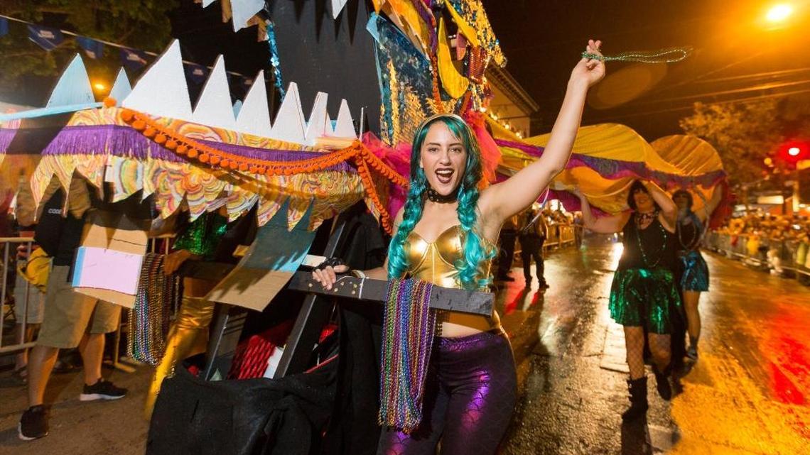 Participants partake in the 2017 Fantasy Fest parade as they make their way down Duval Street in Key West on Saturday, Oct. 28, 2017.