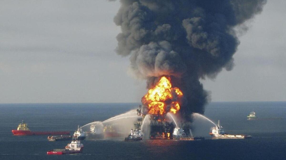 The Deepwater Horizon oil rig burns in the Gulf of Mexico on April 21, 2010.