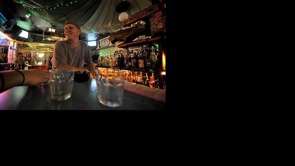
Andy Ferguson, 39, a bartender, tells stories at the Green Parrot Bar in Key West, Fla., July 30, 2010.
